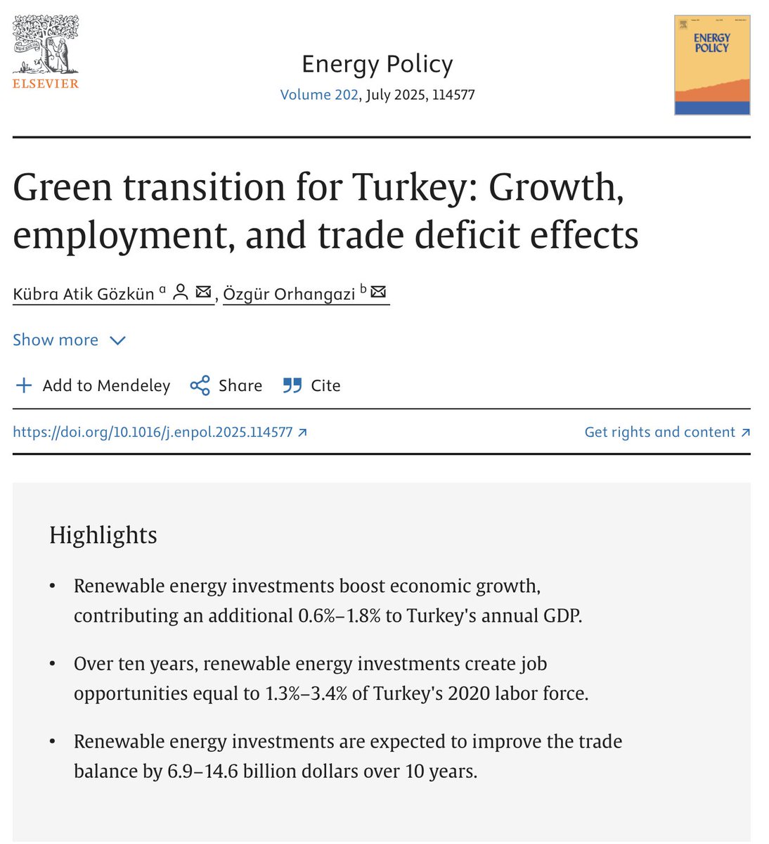 Our joint work with <a href="/atikkubra/">Kubra Atik</a> on the potential effects of green transition on growth, employment and trade deficits in Turkey is now published in the July issue of Energy Policy.. 

sciencedirect.com/science/articl…