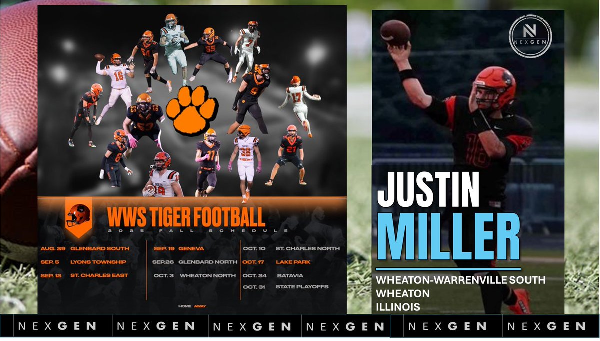 nexgenscouting's tweet image. ▶️2025 Friday Night Lights
✅2026 QB Justin Miller @Justin_Miller16
✅Wheaton-Warrenville South @WWSFB
Wheaton (IL)
8/29 at Glenbard South
9/5 at Lyon Township
9/12 at St. Charles East
9/19 at Geneva
9/26 Glenbard North
10/3 Wheaton North
10/10 St. Charles North
10/17 at…