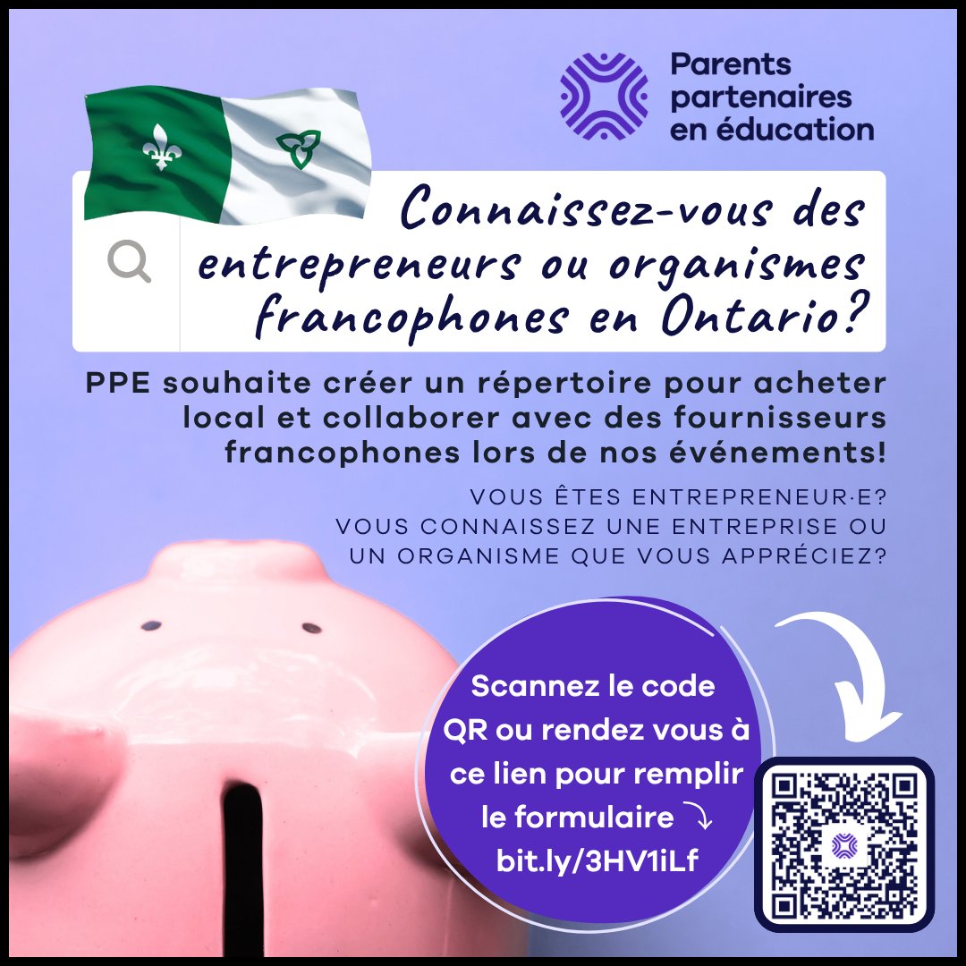 📣Vous connaissez une entreprise francophone de confiance dans votre région?
Ou vous êtes vous-même entrepreneur(e) francophone?
PPE crée un répertoire pour soutenir les familles des écoles francophones!
📝Suggérez ou inscrivez-vous ici👉bit.ly/45wi1gn
#EntreprisesFranco