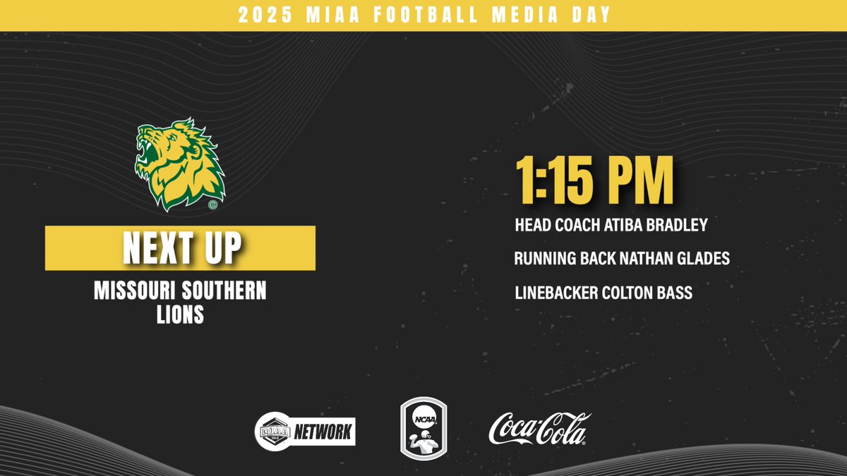 TheMIAA's tweet image. 𝐍𝐄𝐗𝐓 𝐔𝐏: The Lions are the final MIAA team to take the 2025 MIAA Media Day stage 🎙️

Representing @MOSOFootball in Emporia is Head Coach Atiba Bradley and student-athletes Nathan Glades and Colton Bass.

Watch the Lions presser live, exclusively on TheMIAANetwork.com/MIAA!