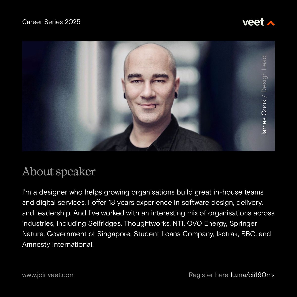 joinveet's tweet image. ⏳ Less than 1 hour to go!
James Cook is joining us for a high-impact Veet Career Series session on Continuous Design & Delivery.
🚀 Don’t miss this conversation on design leadership & collaboration.
🔗 Join Live: meet.google.com/cag-ztdg-suf
#VeetCareerSeries #design #mentorship