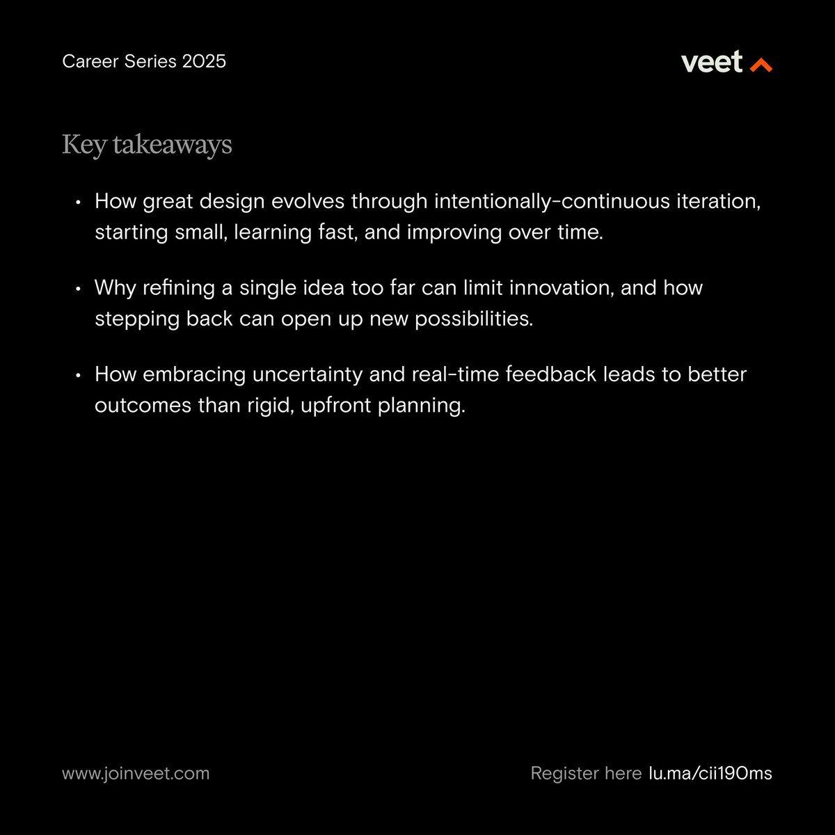 joinveet's tweet image. ⏳ Less than 1 hour to go!
James Cook is joining us for a high-impact Veet Career Series session on Continuous Design & Delivery.
🚀 Don’t miss this conversation on design leadership & collaboration.
🔗 Join Live: meet.google.com/cag-ztdg-suf
#VeetCareerSeries #design #mentorship