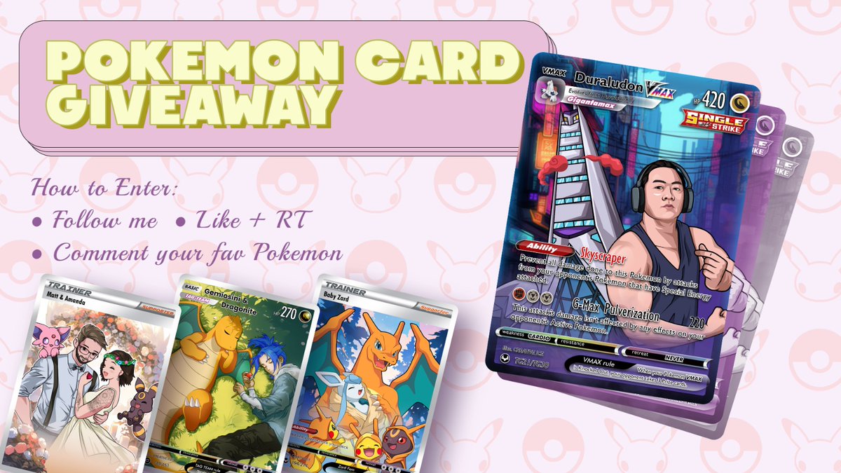 🎴 Custom POKÉMON CARD GIVEAWAY!!

i will turn you into a Pokémon card. yes, YOU. (or ur oc / fav character. i have no rules. ok some rules)

How to enter:
Follow me (pls)
Like + RT
Reply with ur fav Pokémon so i can silently judge u

5 days. winner gets a shiny digital card. 🥳