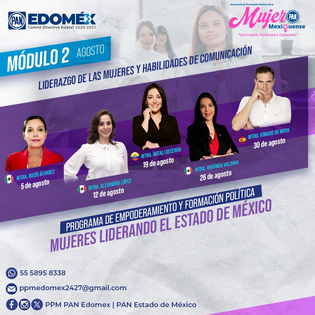 💜 ¡Agosto arrancará con todo en nuestro Programa: "Mujeres Liderando el Estado de México"!

No se pueden perder el Módulo 2: Liderazgo y Habilidades de Comunicación, con ponentes de gran nivel 💪

#MujeresLiderandoElEdoméx #PANEstadoDeMéxico #MujeresPanistasMexiquenses