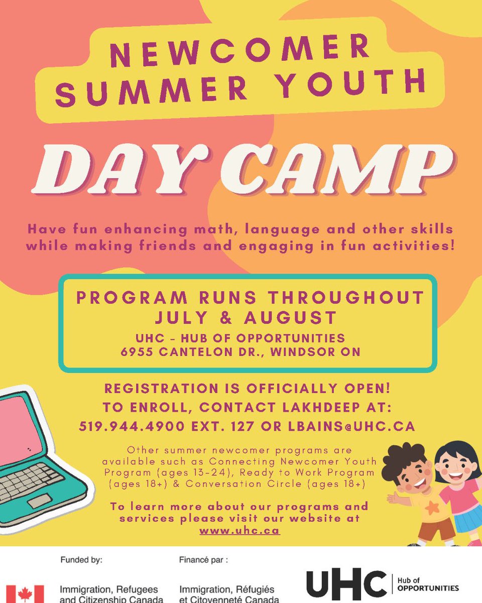 UHC - Hub of Opportunities (@uhc_) on Twitter photo ๐ Newcomer Summer Youth Day Camp is here!
Registration is open and there are only a few spots left! Join our day camp for ๐งฎ math, ๐ language, ๐ฏโโ๏ธ making friends, and engaging in ๐ fun activities.
To enroll, contact Lakhdeep at 519-944-4900 ext. 127 or lbains@uhc.ca ๐ Newcomer Summer Youth Day Camp is here!
Registration is open and there are only a few spots left! Join our day camp for ๐งฎ math, ๐ language, ๐ฏโโ๏ธ making friends, and engaging in ๐ fun activities.
To enroll, contact Lakhdeep at 519-944-4900 ext. 127 or lbains@uhc.ca