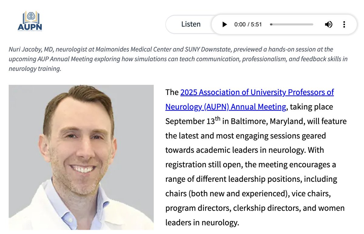 Association of University Professors of Neurology (@aupn_leaders) on Twitter photo We're looking forward to our #AUPN2025 session on using #simulations to evaluate non-medical knowledge competencies like teaching, professionalism, and communication skills!
Session Moderator Dr. <a href="/NuriJacoby/">Nuri Jacoby</a> spoke with <a href="/marcomeglio1/">Marco Meglio</a> from @NeurologyLive to give a short preview of We're looking forward to our #AUPN2025 session on using #simulations to evaluate non-medical knowledge competencies like teaching, professionalism, and communication skills!
Session Moderator Dr. <a href="/NuriJacoby/">Nuri Jacoby</a> spoke with <a href="/marcomeglio1/">Marco Meglio</a> from @NeurologyLive to give a short preview of