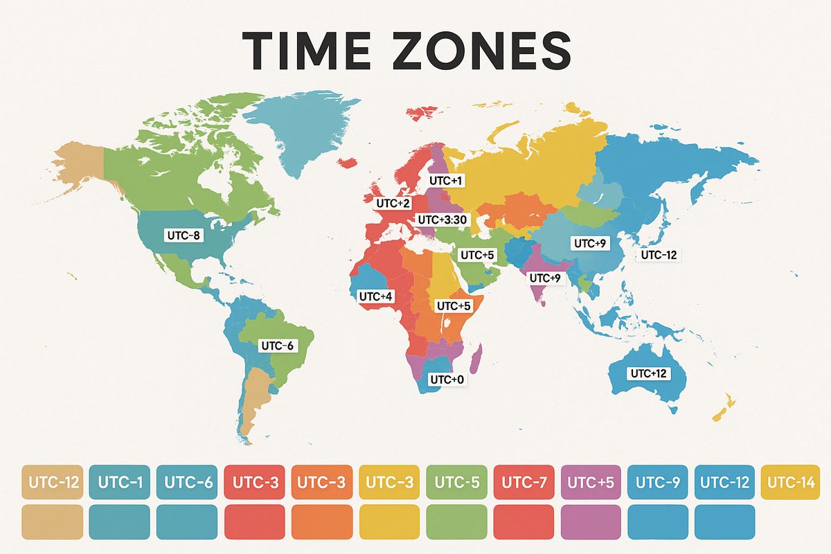 ruqayyahib's tweet image. How well do you know Time Zones?  Let&apos;s Dive in👇

 A Thread🧵
Time Zone is a standard time allocated to a region, approximately 15° wide longitudinally