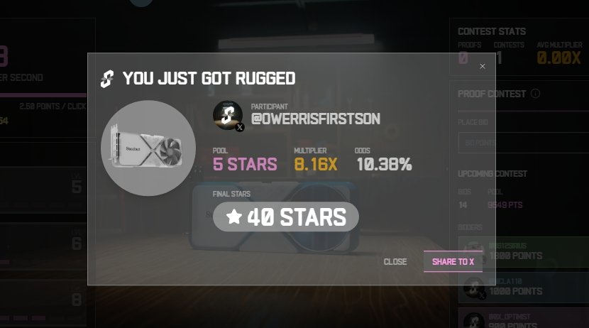 OwerrisFirstSon's tweet image. I just got rugged for 40 stars in the Succinct Stage 2 Proof Contest! Prove with us @SuccinctLabs #ProveWithUs 

💔