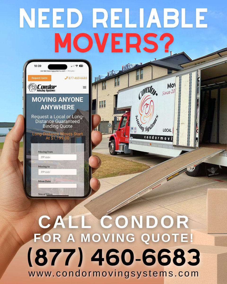 CondorMovingSys's tweet image. Reliable movers are just one call away!📞From local moves to cross-country relocations, Condor Moving Systems delivers professional service you can count on! Move with confidence! 🚛📦  

Get a FREE Moving Quote! (877) 460-6683⁠ condormovingsystems.com/get-a-quote/