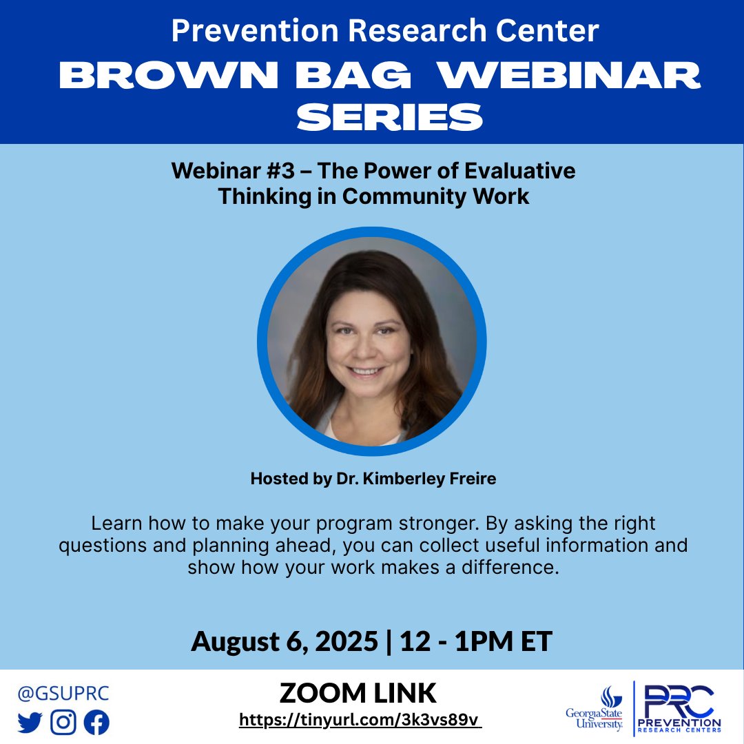 Prevention Research Center at Georgia State (@gsuprc) on Twitter photo 🧠 Want to make your programs more impactful?
Join our webinar TODAY at 12pm ET to learn how to plan effective evaluations.
📅Register now: linktr.ee/GSUPRC
*After registering you'll get an email from Kimberley Freire with your personalized Zoom link
<a href="/PHGSU/">Georgia State University • School of Public Health</a> 🧠 Want to make your programs more impactful?
Join our webinar TODAY at 12pm ET to learn how to plan effective evaluations.
📅Register now: linktr.ee/GSUPRC
*After registering you'll get an email from Kimberley Freire with your personalized Zoom link
<a href="/PHGSU/">Georgia State University • School of Public Health</a>