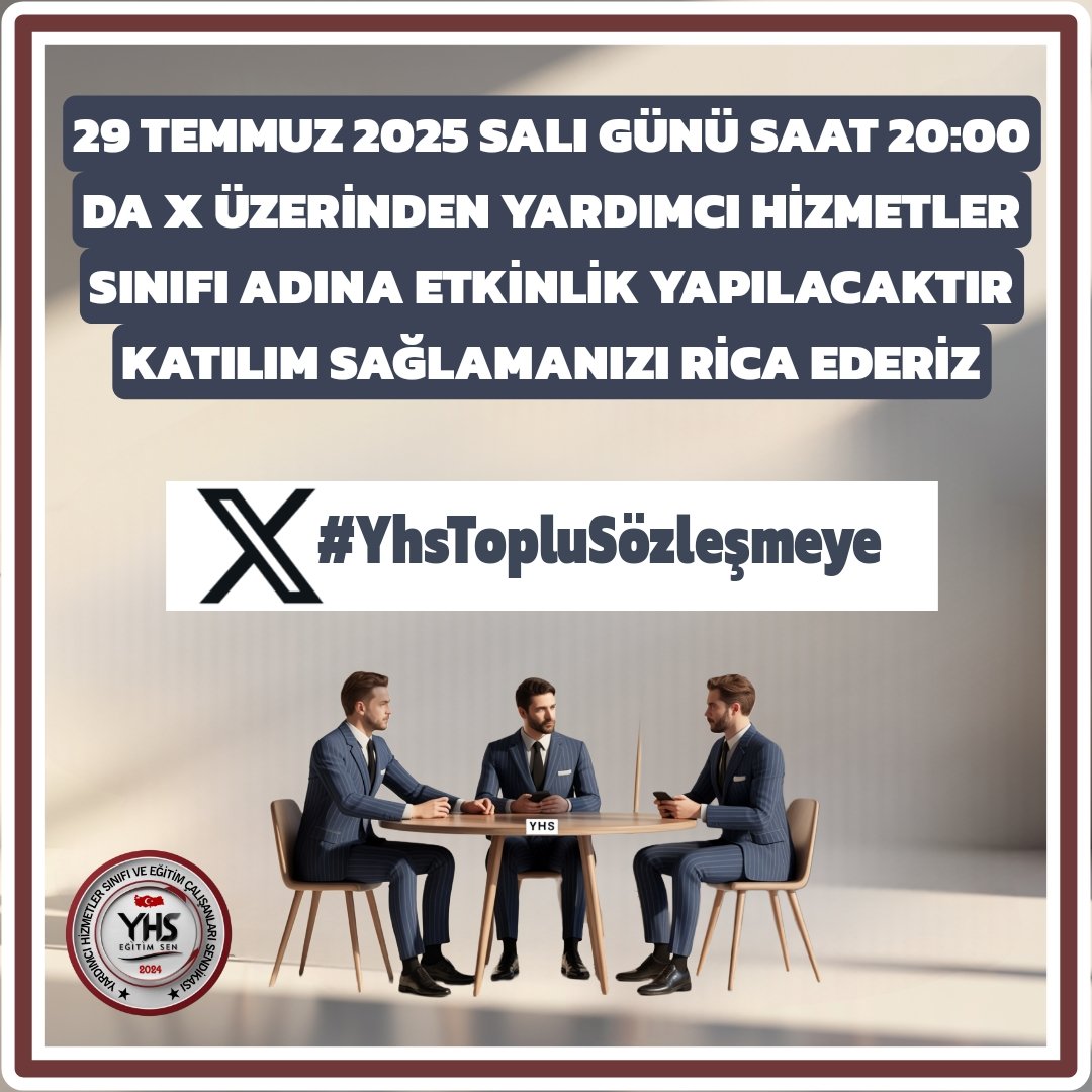 29 Temmuz salı günü saat :20:00 'da #YardımcıHizmetlerSınıfı adına #YhsTopluSözleşmeye hactagı ile gündem etkinliği yapılacaktır katılım sağlamanızı rica ederiz <a href="/yhsplatform/">Yardımcı Hizmetler Sınıfı Platformu</a> <a href="/YhsPlatformu/">Yardımcı Hizmetler Sınıfı Platformu</a> <a href="/Olcay_Celik/">Olcay Çelik</a> <a href="/SercanKaraboga_/">Sercan KARABOĞA</a> <a href="/musadurdu28/">Musa Durdu</a> <a href="/ERSNATLI5834/">ERSİN ATLI</a> <a href="/akyuznesimi/">Nesimi Akyüz</a> <a href="/ksinan18/">Sinan KAYA</a>
