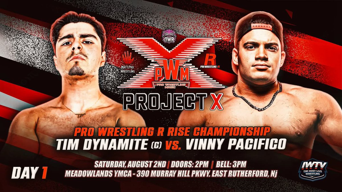 Don't Miss Our Super Show Project X This Weekend.

Meadowlands YMCA 
390 Murray Hill Parkway 
East Rutherford, NJ 
Saturday, August 2 &amp; 3 
Doors: 2 PM
Bell Time: 3 PM
Tickets: ProWrestlingMagic.com

FREE Summerslam parking in the YMCA lot with Project X ticket purchase!