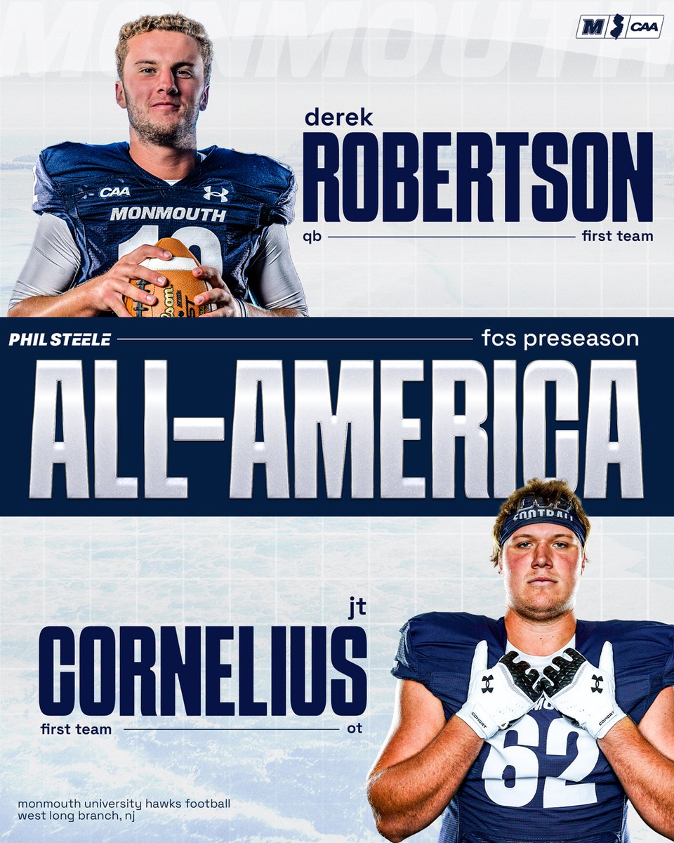 Monmouth Football (@muhawksfb) on Twitter photo And Two Hawks in π¬π³π°π»π¬ πͺπΆπ΄π·π¨π΅π on <a href="/philsteele042/">Phil Steele</a>'s Preseason FCS All-America First Team:
πΉ Derek Robertson β QB
πΉ JT Cornelius β OT
#FlyHawks And Two Hawks in π¬π³π°π»π¬ πͺπΆπ΄π·π¨π΅π on <a href="/philsteele042/">Phil Steele</a>'s Preseason FCS All-America First Team:
πΉ Derek Robertson β QB
πΉ JT Cornelius β OT
#FlyHawks