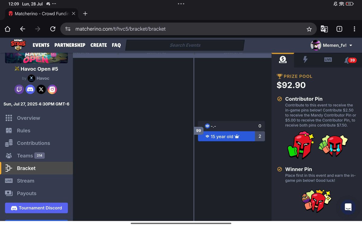 Won matcherino 90$