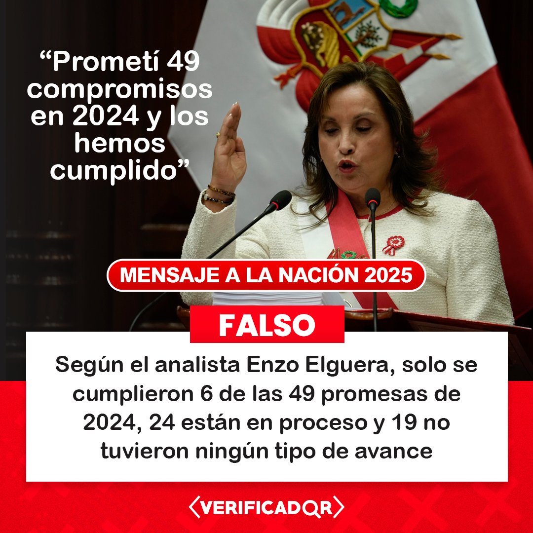 🔍 En su último mensaje a la Nación, Dina Boluarte aseguró que se cumplieron los 49 compromisos que planteó en 2024. Sin embargo, según el analista Enzo Elguera, solo 6 se han concretado totalmente y 19 no registraron ningún avance.