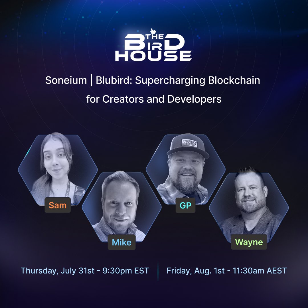 📣 The Birdhouse S2E9 returns with @Soneium and Blubird, Supercharging Blockchain for Creators and Developers.

🎙️ Join us as we dive into how Blubird and Soneium are teaming up to accelerate blockchain adoption and simplify deployment — providing creators, developers, and