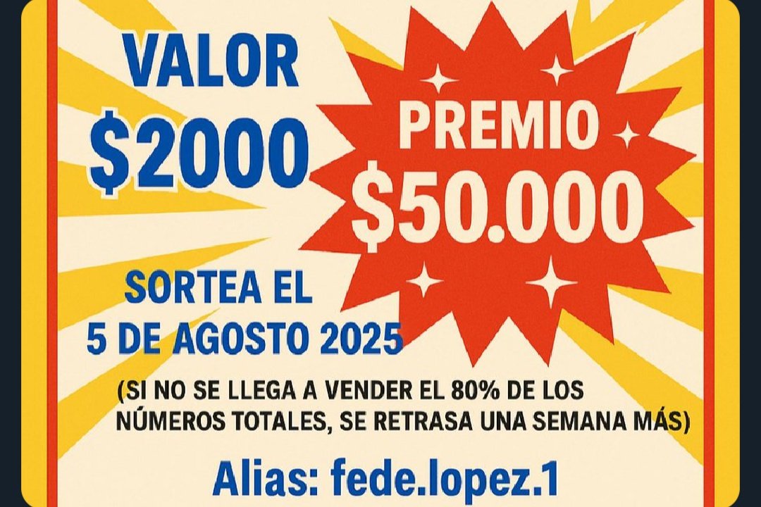 📢 ¡8️⃣ días para el sorteo!
Sorteo a la bolsa, GANADOR SÍ O SÍ.
PREMIO: $50.000

Nuestro objetivo es comprar la prótesis para operación de LCA.
🆘 Si compartís, nos ayudas un montón. 

El alias para colaborar es:
fede.lopez.1
Federica E López Peralta
<a href="/IDrinkWine_1/">ғ</a>