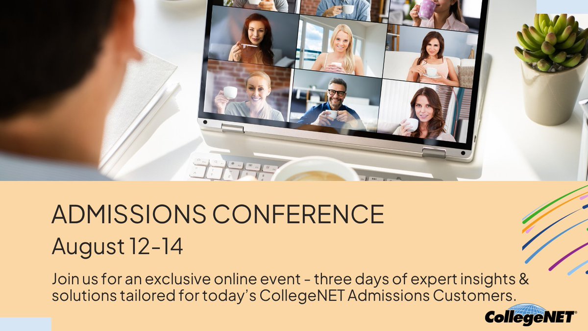 CollegeNET's tweet image. Are you an admissions professional looking to elevate your skills and knowledge? Join us at our virtual CollegeNET admissions conference, August 12-14, for expert solutions and insights. Register today! #admissions #collegenet #HigherEducation