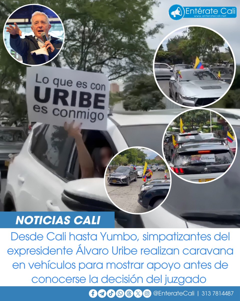 EnterateCali's tweet image. A esta hora avanza desde el Parque de las Banderas, en Cali, una caravana de vehículos en apoyo al expresidente Álvaro Uribe. 🇨🇴🚙💬
Simpatizantes del exmandatario alzan su voz de apoyo con un recorrido que irá hasta Cencar, en Yumbo, ondeando banderas de Colombia.