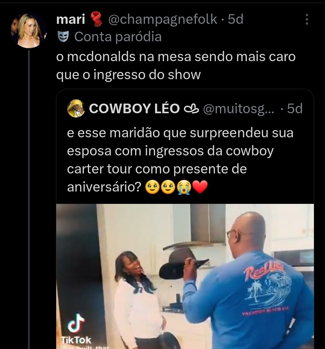 dwyonce's tweet image. "A turnê COWBOY CARTER teve o maior preço médio de ingresso por uma turnê feminina na história."
Ue mas me falaram que os ingressos estavam mais baratos que um McDonald's, o que aconteceu?