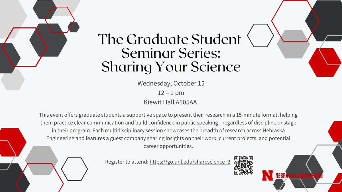unl_engrgrad's tweet image. The Seminar Series: Sharing Your Science offers @NebEngineering graduate students the opportunity to present their research in a 15 min format, build speaking skills, and connect with industry. Register to attend: go.unl.edu/sharescience_2