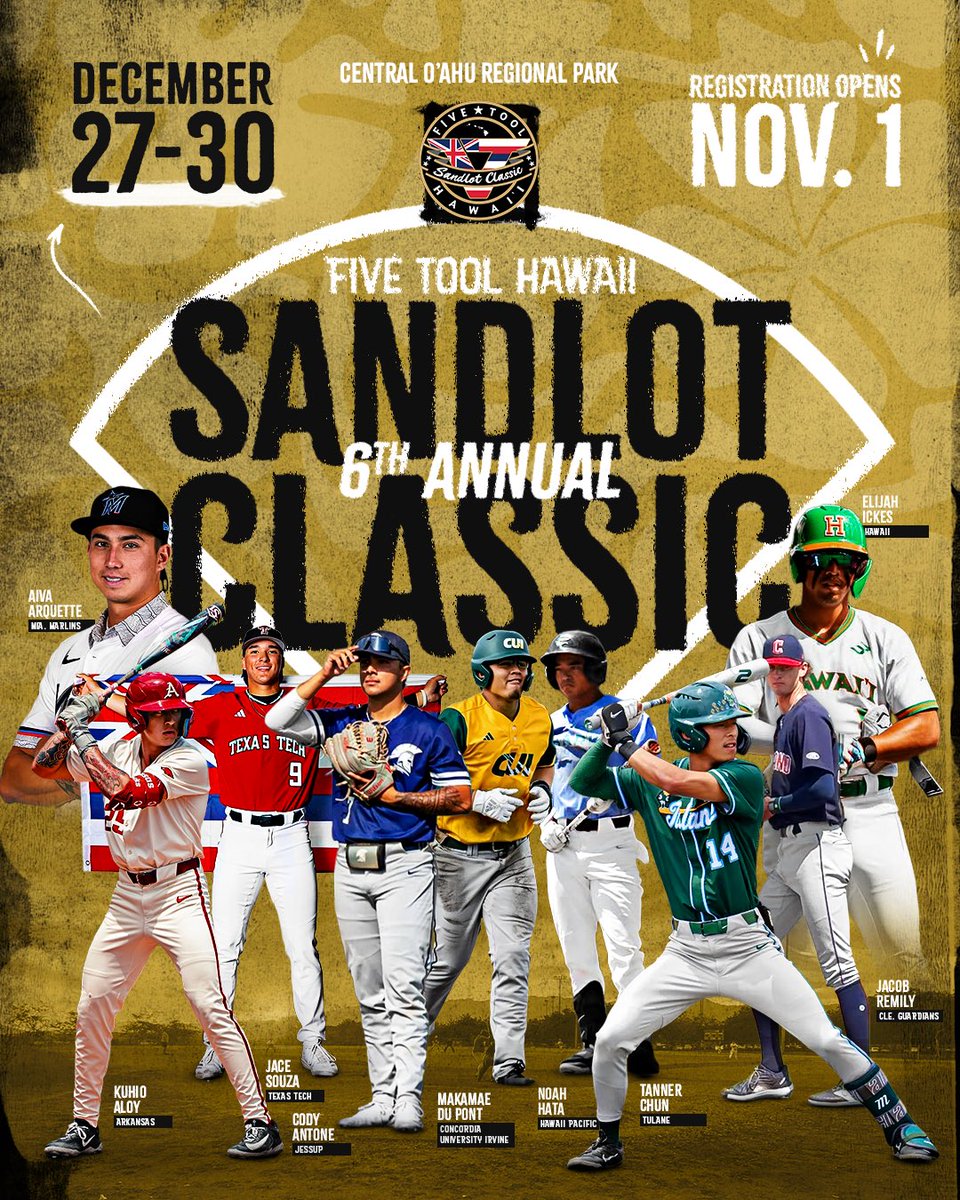 Five Tool Hawaii (@fivetoolhi) on Twitter photo From Da Sandlot to anywhere‼️
6th annual <a href="/FiveTool/">Five Tool Baseball</a> Hawaii Sandlot Classic (<a href="/ClassicHawaii/">Hawaii Sandlot Classic</a>) set for December 27-30.
Be a dude. Save the date. #WatchEm From Da Sandlot to anywhere‼️
6th annual <a href="/FiveTool/">Five Tool Baseball</a> Hawaii Sandlot Classic (<a href="/ClassicHawaii/">Hawaii Sandlot Classic</a>) set for December 27-30.
Be a dude. Save the date. #WatchEm