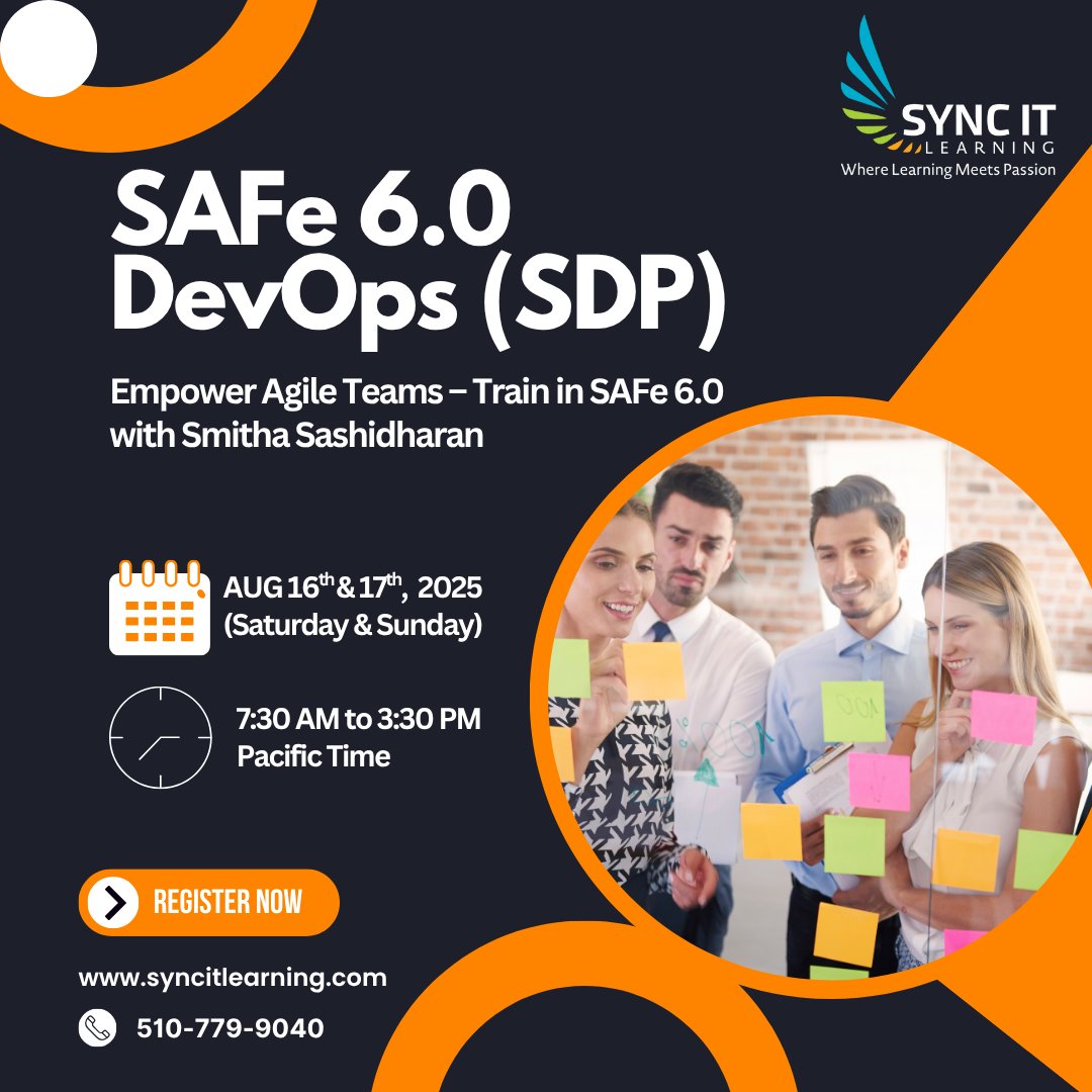 syncitlearning's tweet image. Accelerate your delivery pipeline!
Join SAFe® 6.0 DevOps (SDP) Training with Smitha Sasidharan – Aug 16–17, 2025.

🚀 Gain SAFe® SDP Certification &amp;amp; master DevOps practices.
👉 syncitlearning.com/safe-devops-pr…

#SAFeDevOps #SDPTraining #AgileDelivery #SmithaSasidharan #SAFe6