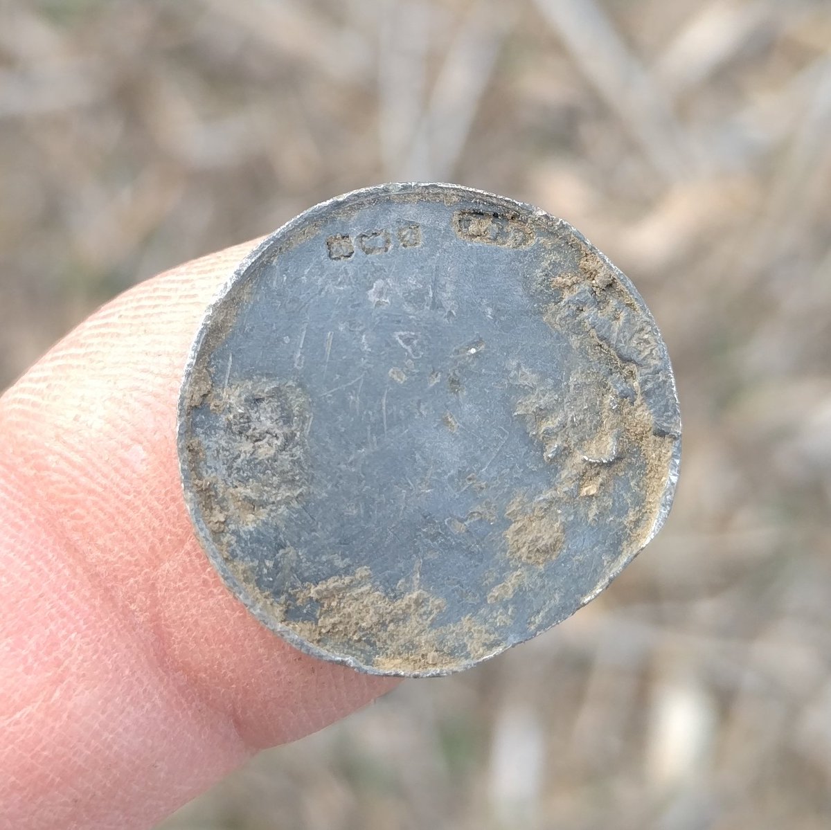 SDetectorist's tweet image. Back to old school detecting this evening. Forgot my pouch, and hence my pin pointer 🤦🏻♂️
Digging rather large holes to find those stupid side of the hole signals.
Anyway, first find. A circular disc of Hallmarked silver.
Brooch? Mount? No idea.
