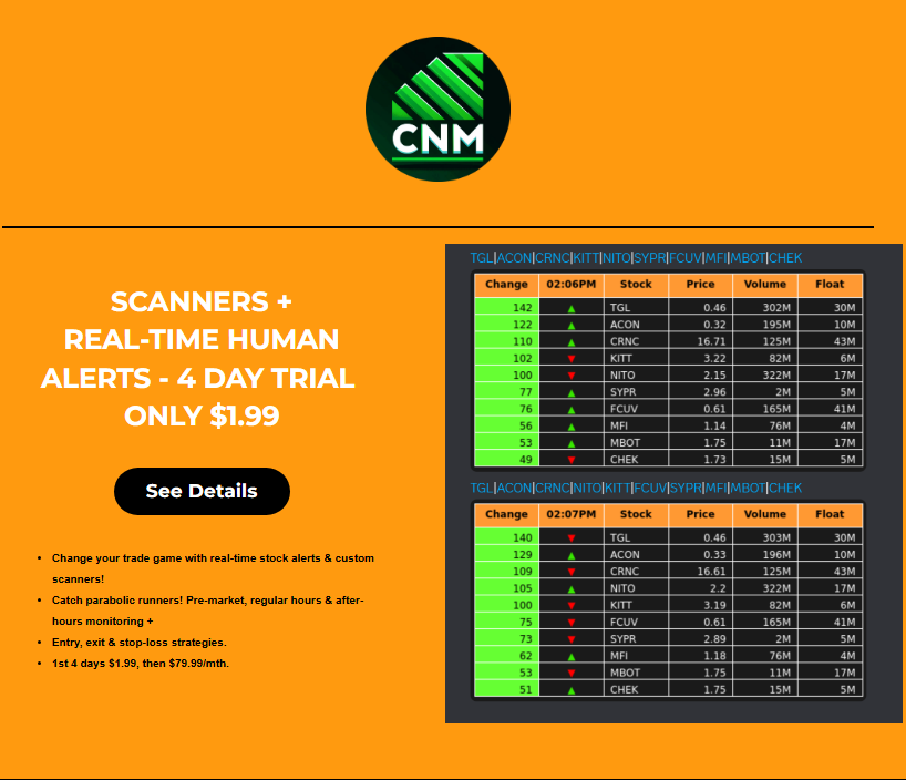CoachNickMoney's tweet image. Level up your trades with real-time stock alerts &amp;amp; custom scanners! Spot parabolic runners pre-market, regular &amp;amp; after-hours. Entry, exit &amp;amp; stop-loss strategies. 1st 4 days $1.99, then $79.99/mth. 🔗 keap.page/rzi767/scanner…