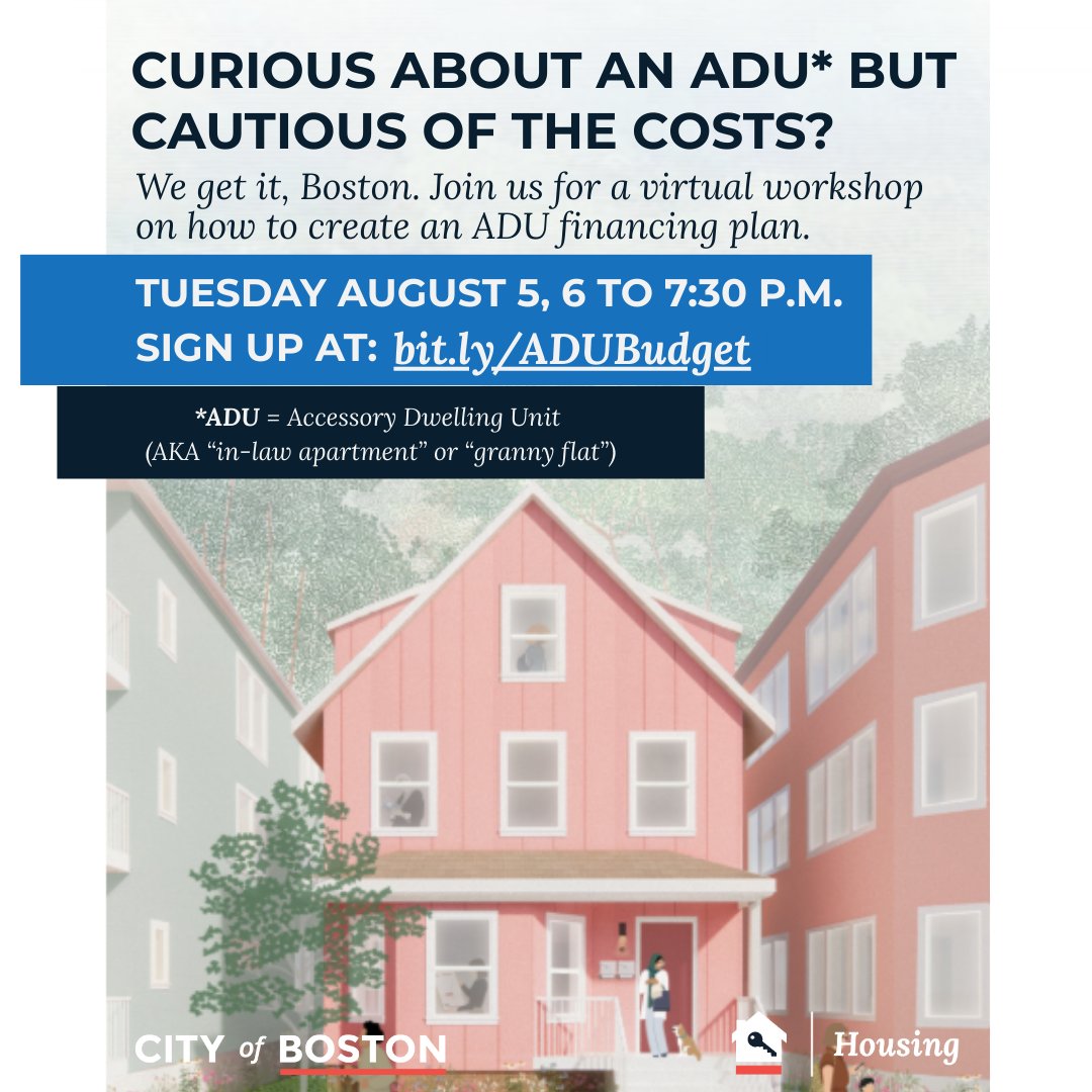 BostonNeighbor's tweet image. Worried about the cost of adding an in-law apartment or rental unit to your home? You're not alone. Join the Mayor’s Office of Housing for a free ADU financing workshop on Tuesday, August 5, to learn how to budget and explore funding options. Bit.ly/ADUBudget