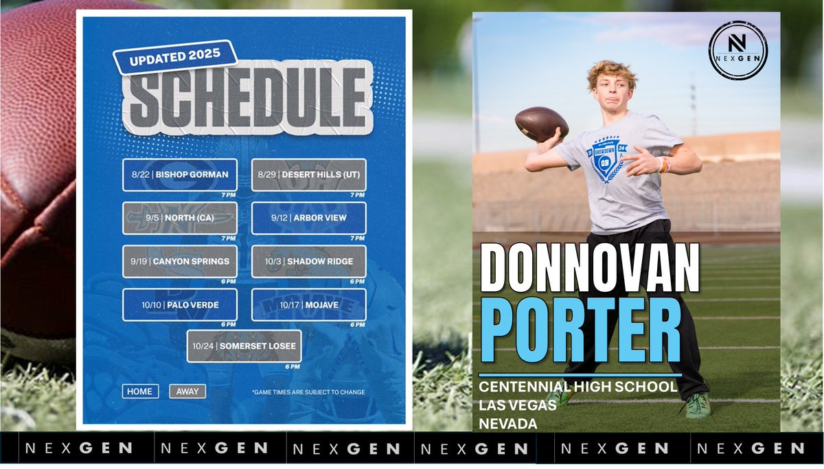 nexgenscouting's tweet image. ▶️2025 Friday Night Lights
✅2029 QB Donnovan Porter @Donny_Dimes_8
✅Centennial HS @LVCen10Football
Las Vegas (NV)
8/22 Bishop Gorman
8/29 at Desert Hills (UT)
9/5 North (CA)
9/12 Arbor View
9/19 at Canyon Springs
10/3 at Shadow Ridge
10/10 Palo Verde
10/17 Mojave
10/24 at…