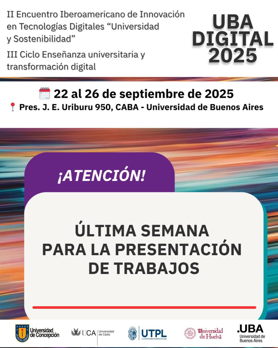 📣 Seguimos recibiendo trabajos hasta el 03/08
II Encuentro Iberoamericano + III Ciclo UBA DIGITAL 2025
🗓️ 22-26/9 | UBA
📌 Presentá tu trabajo (comunicación o póster) 
ℹ️ Participación gratuita
👉 sites.google.com/view/uba-digit…
<a href="/UBAonline/">UBAonline</a>  <a href="/AcademicaUBA/">Sec A Académicos UBA</a>
