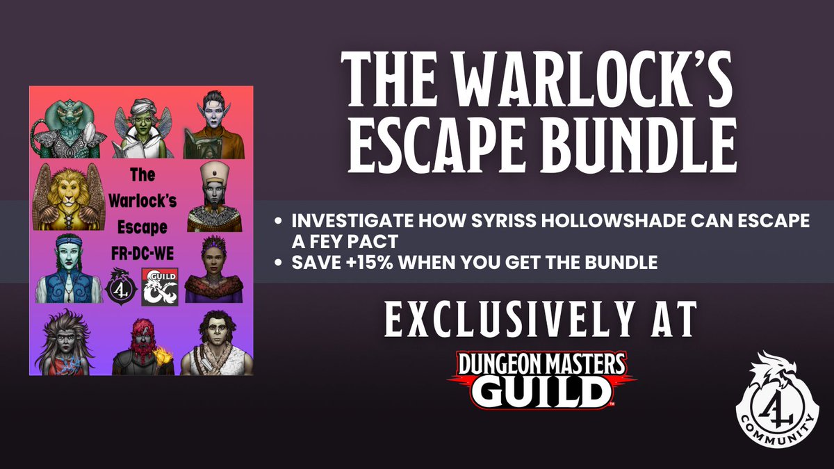 dms_guild's tweet image. The Warlock&apos;s Escape bundle deal is available now.

Get it here: tinyurl.com/mu8dbf59

Typhani has contacted the party to investigate how Syriss Hollowshade can escape a fey pact entered into with Mistress Mangrove.
#dnd5e #dungeonsanddragons