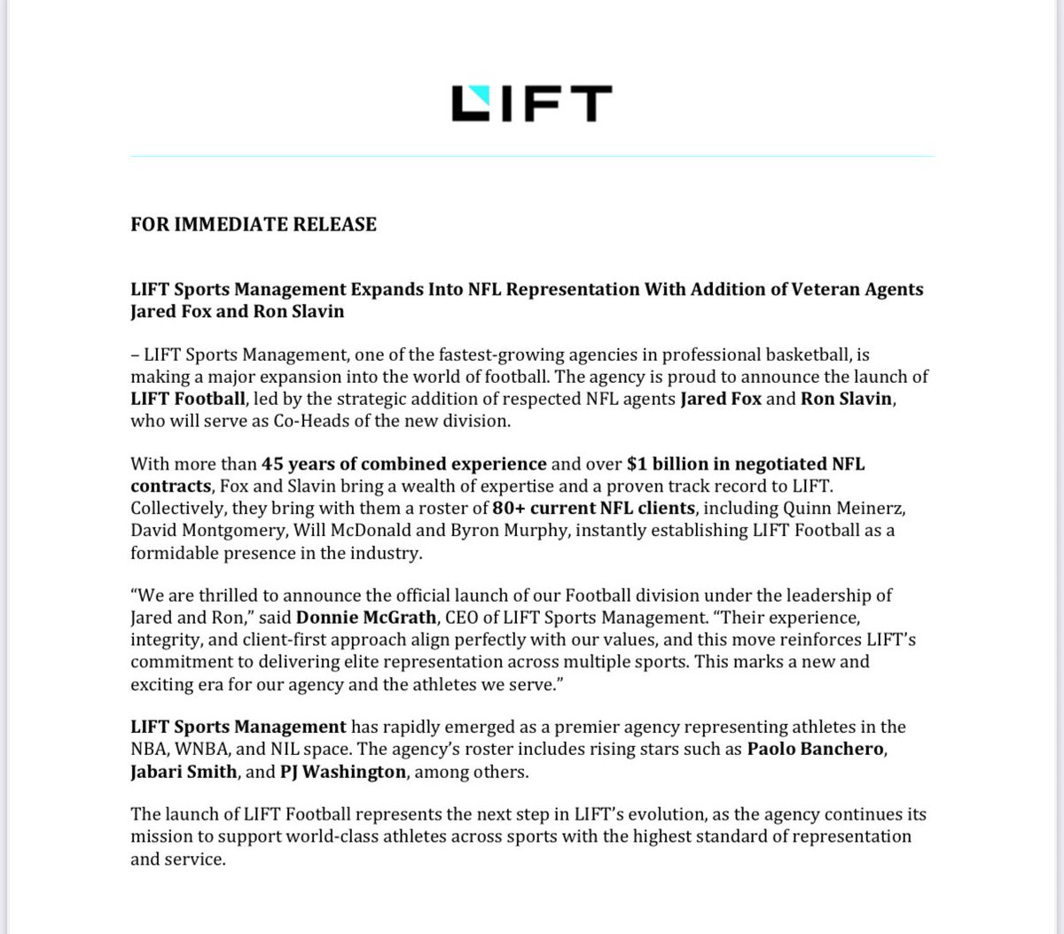 RapSheet's tweet image. Agent News: LIFT Sports Management is expanding into NFL representation with the addition of veteran agents Jared Fox and Ron Slavin. Big additions for @LIFTSPORTSMNGMT.