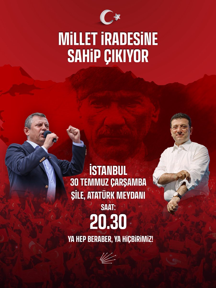 Suat_Ozcagdas's tweet image. Millet iradesinin sesi Şile’den yükselecek!
Tek adam anlayışına karşı sesimizi duyurmaya devam edecek; adayımızı yanımızda, sandığı önümüzde görene kadar durmayacağız.
Bu meydanlara akan cesaret kazanacak; biz kazanacağız, Türkiye kazanacak!
🗓️ 30 Temmuz Çarşamba
⏰ 20.30…