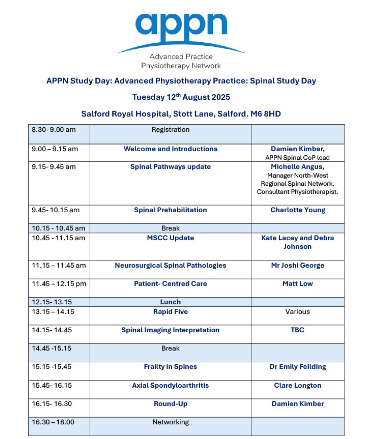 ✨ LAST REMAINING PLACES ✨ 
APPN SPINAL STUDY DAY 12TH AUGUST 2025
👉 BOOK HERE: lnkd.in/e9GeaSiA

Improve your knowledge and awareness of spinal conditions along with management, pathways and rehabilitation.
