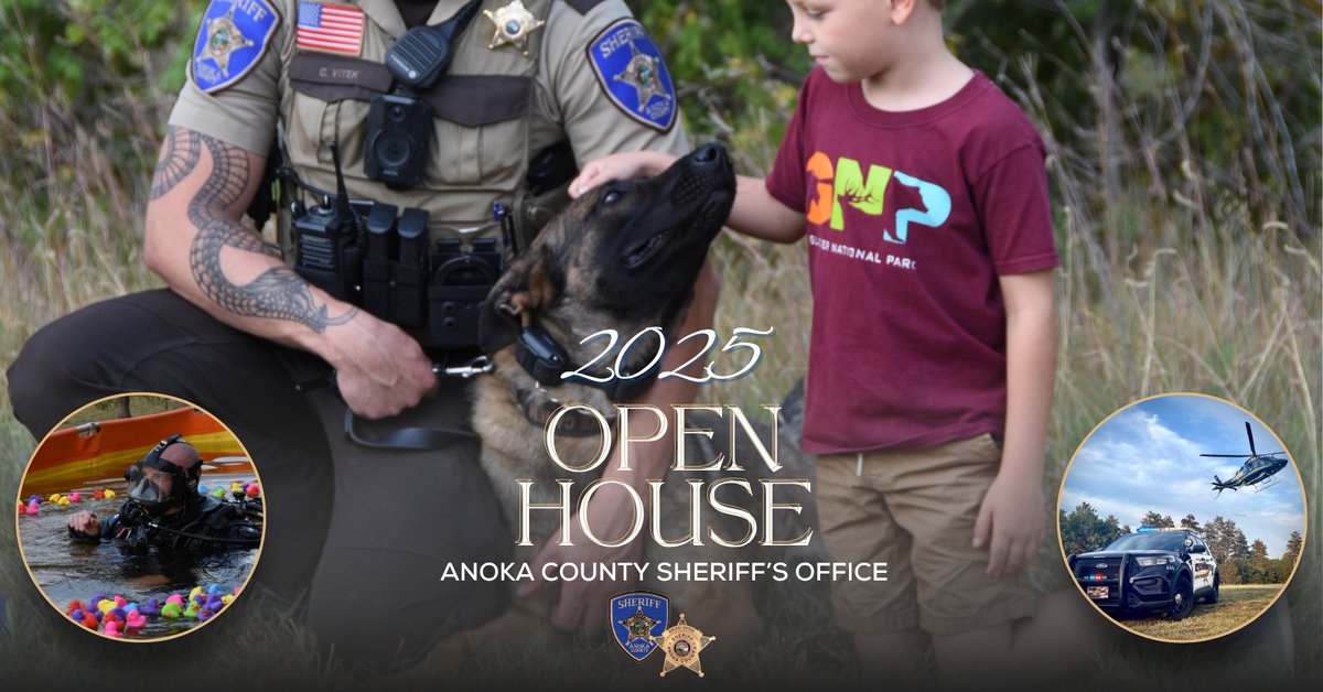 Anoka County Sheriff's Office Open House
Tuesday, September 23rd from 4-7pm

You are invited to come and see YOUR Anoka County Sheriff’s Office and the diverse services we provide to the citizens of Anoka County.  Learn more: facebook.com/share/1FxT3pBZ…