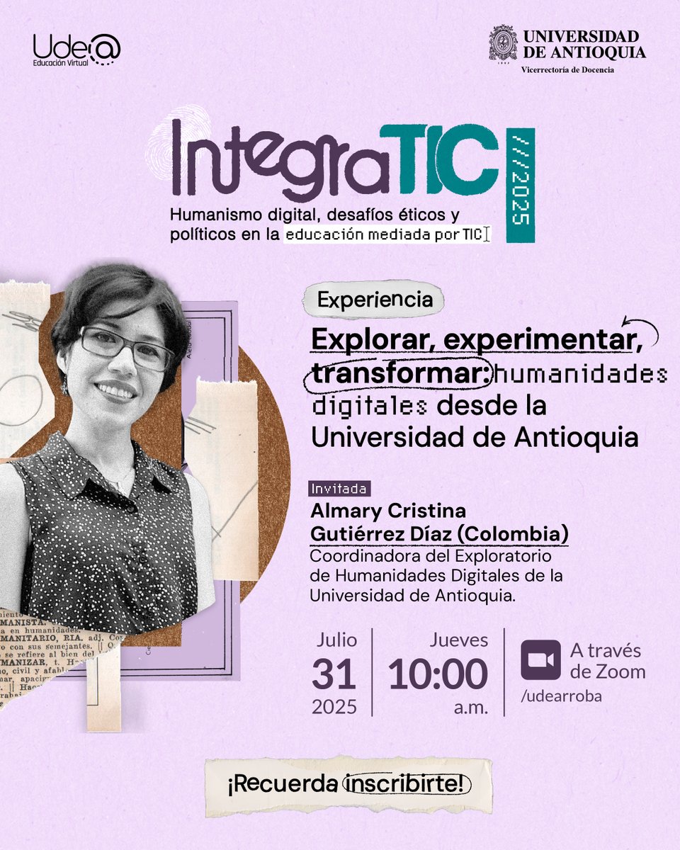 ExploratorioHD's tweet image. ¡Estaremos en #IntegraTIC2025 con @UdeArroba!

Con la presentación “Explorar, experimentar, transformar: #HumanidadesDigitales desde la @udea” mostraremos lo que hacemos en el ExploratorioHD de la @FComunicaciones. 
 
Programación e inscripción en: integratic.udea.edu.co