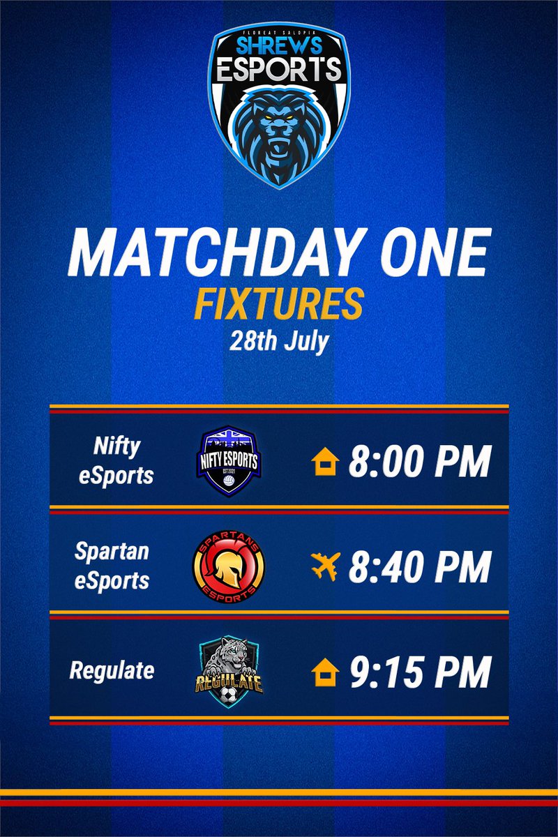 Matchday 1 has arrived! And with it here are our fixtures the team will be playing tonight.

Wish the lads luck

xstokezx - Twitch from 8pm

#salop