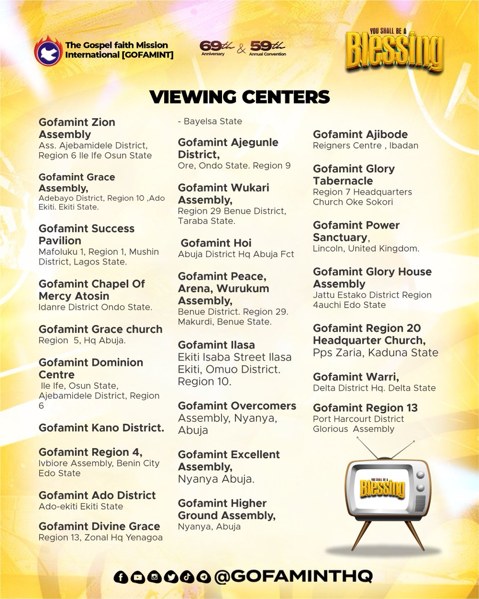 gofaminthq's tweet image. Experience the Convention from Anywhere! Connect with God’s presence at any of our official Viewing Centers nationwide and globally.
Find your center, gather your friends, and don’t miss out!
#GOFAMINT
#YouShallBeABlessing
#AnnualConvention