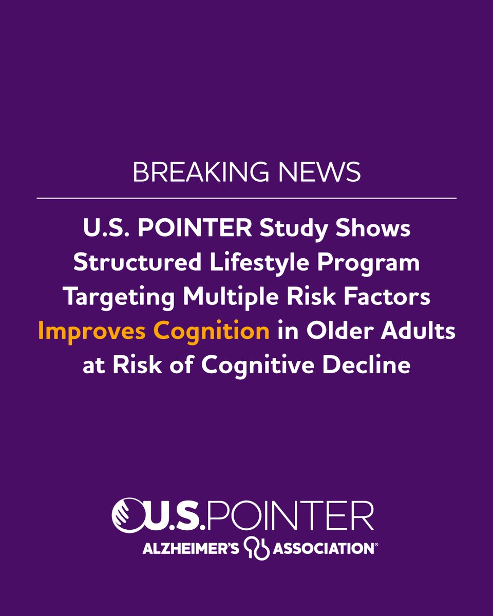 BREAKING from #AAIC25: U.S. POINTER, a large-scale, randomized controlled clinical trial, shows a healthy lifestyle program targeting multiple risk factors can protect cognitive function in diverse populations in communities across the United States. bit.ly/USPointerRelea…