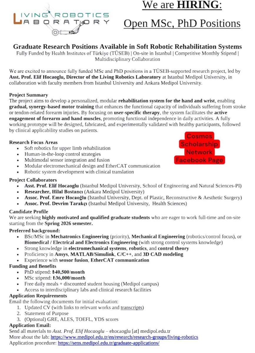 el_bonga's tweet image. Fully-funded M.Sc and PhD scholarships in Soft Robotic Rehabilitation Systems at Istanbul Medipol University in Turkey for those with background in Mechatronics/Mechanical Engineering.