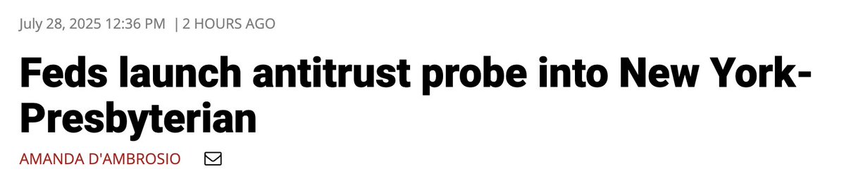 Wow. 

DOJ is investigating alleged anti-competitive practices by NewYork-Presbyterian Hospital.

The probe apparently came in response to a complaint from the 32BJ Health Fund