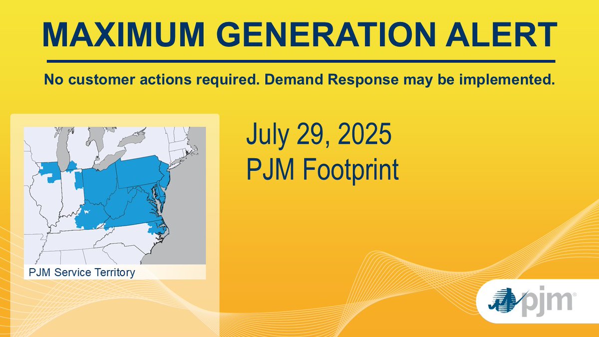 PJM has issued a Hot Weather Alert and Maximum Generation Alert for its 13-state and D.C. footprint for July 29 as hot weather persists throughout the region it serves. insidelines.pjm.com/july-28-hot-we…