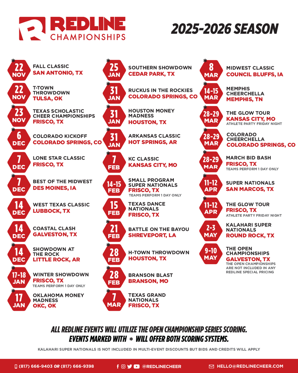 Redlinecheer's tweet photo. 🏆 YOUR 2025-2026 REDLINE SCHEDULE IS HERE! 🏆 With over 30 incredible events across 8 states, there's never been a better time to plan your championship season!

Ready to lock in your spots and start saving? Head to https://t.co/nWAxmJs8k8 and build your perfect season today! https://t.co/arxqd82Brl