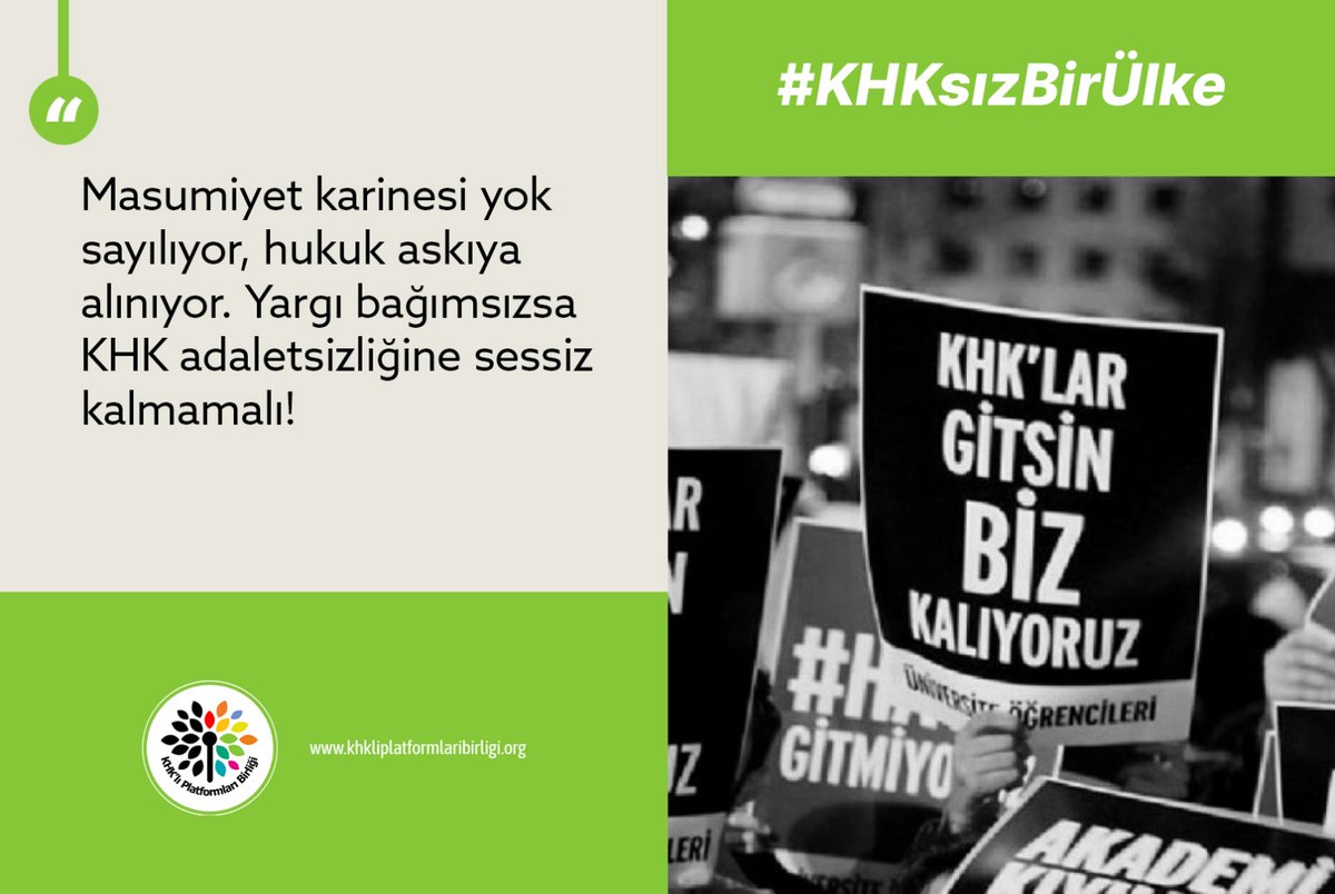 #KHKsızBirÜlke, ancak hukuk devleti ilkeleri tam anlamıyla işletilirse mümkün olabilir

On binlerce insanı ilgilendiren bu derin toplumsal sorun görmezden gelinemez.

<a href="/TBMMGenelKurulu/">TBMM Genel Kurulu</a> bu sorumluluk almaya ve KHK mağduriyetlerine kalıcı çözüm üretmeye çağırıyoruz.
<a href="/adalet_bakanlik/">T.C. Adalet Bakanlığı</a>
