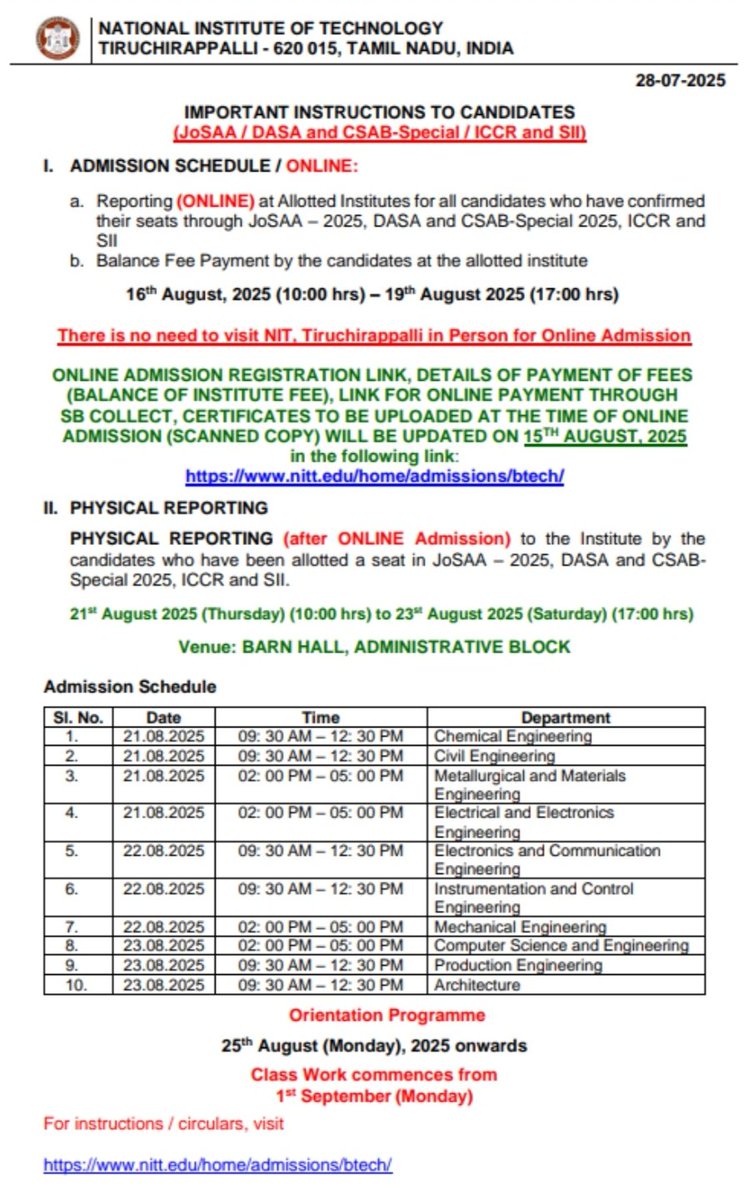 h_pongilath's tweet photo. Important Instructions to Candidates: National Institute of Technology, Tiruchirapalli. Admission Schedule/ #Online - #JoSAA #DASA #CSAB (Balance fee payment 16th Aug 2025 to 19th Aug 2025)
#NIT #tiruchirappalli https://t.co/RmX9XU51Tc