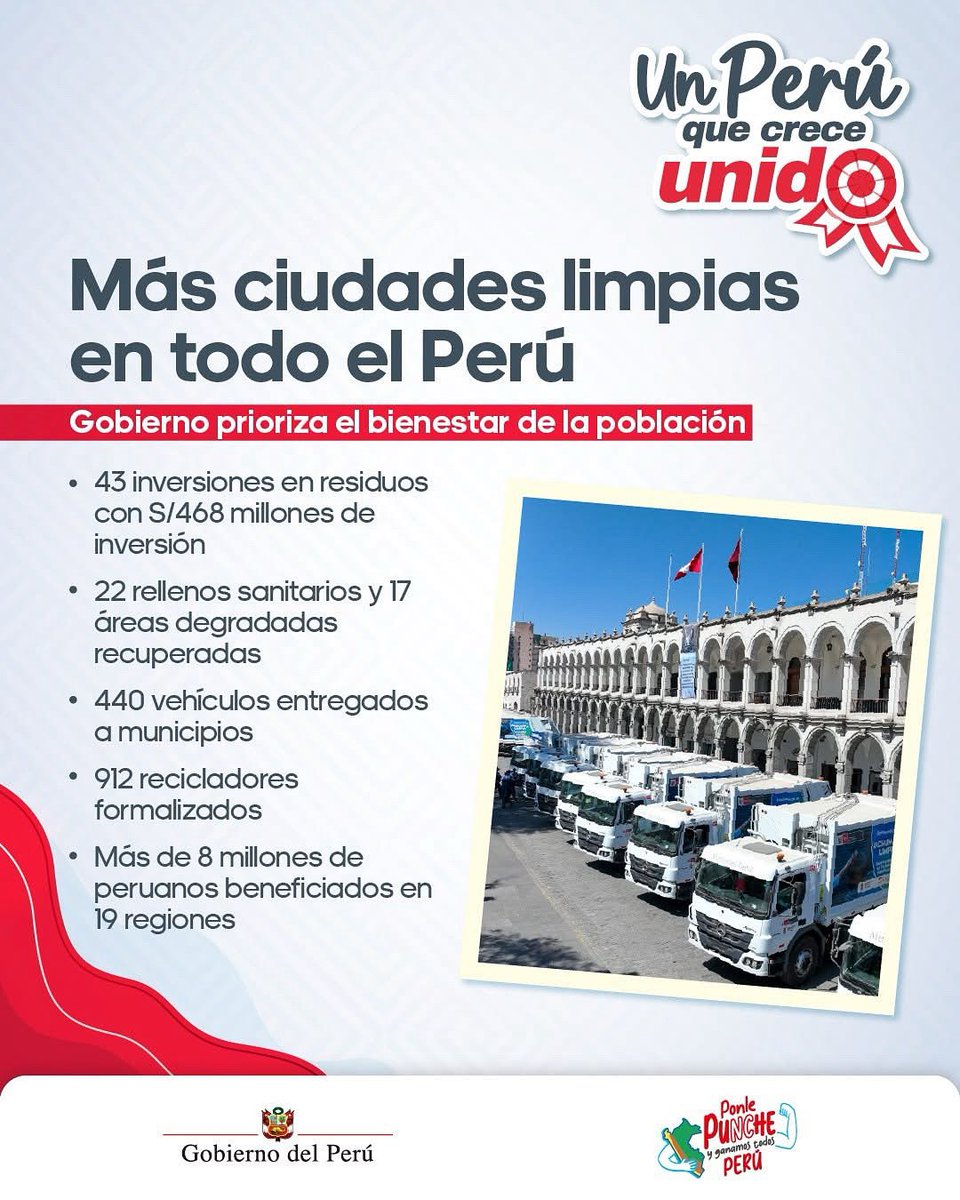 👏👏🇵🇪 #UnPerúQueCreceUnido con más ciudades limpias. 🇵🇪 Mejor gestión de residuos, reciclaje formal y vehículos para municipios que benefician a millones de peruanos. 🤝