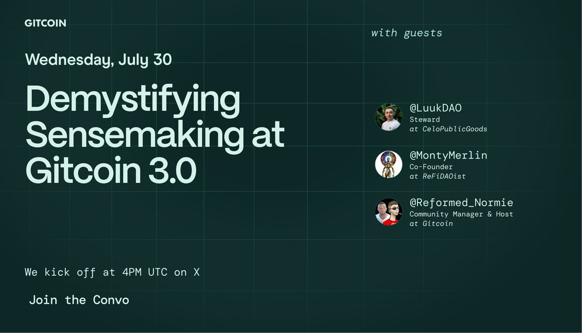Gitcoin (@gitcoin) on Twitter photo X Spaces Alert!
This Wednesday at 4PM UTC:
Demystifying Sensemaking at Gitcoin 3.0:
→ What Sensemaking actually is
→ How it powers GG24
→ Why it matters now
w/ <a href="/Reformed_Normie/">jrocki.eth</a>, <a href="/LuukDAO/">Luuk.eth</a> & <a href="/MontyMerlin/">Monty Merlin Bryant 🧙✨</a>
This is where it’s happening → x.com/i/spaces/1YpJk… X Spaces Alert!
This Wednesday at 4PM UTC:
Demystifying Sensemaking at Gitcoin 3.0:
→ What Sensemaking actually is
→ How it powers GG24
→ Why it matters now
w/ <a href="/Reformed_Normie/">jrocki.eth</a>, <a href="/LuukDAO/">Luuk.eth</a> & <a href="/MontyMerlin/">Monty Merlin Bryant 🧙✨</a>
This is where it’s happening → x.com/i/spaces/1YpJk…