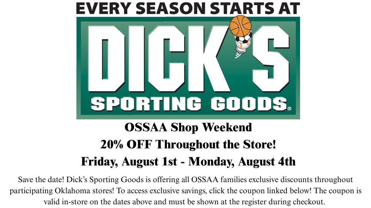 THIS WEEKEND! 
August 1st - 4th

🔴 20% Off at Your Local Dick's Sporting Goods 🔴 

Share with student-athletes and school families + get ready to snag deals on all of your fall sports gear!

Print the coupon: bit.ly/4lKPDO7
